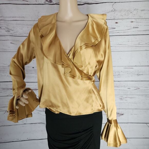 New Folio Saks Fifth Avenue Gold Silk Wrap Blouse 6 - Picture 1 of 9
